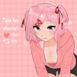 Rule 34 | 1girl, artist name, asuno-san, bent over, bike shorts, black shorts, blush, bob cut, breasts, cleavage, collarbone, commentary, cowboy shot, doki doki literature club, downblouse, english commentary, english text, eyelashes, hair ornament, hair over one eye, hair ribbon, heart, highres, hood, hood down, hoodie, leaning forward, like and retweet, looking at viewer, meme, natsuki (doki doki literature club), no bra, no shirt, pink background, pink eyes, pink hair, pink hoodie, polka dot, polka dot background, red ribbon, ribbon, short hair, shorts, skindentation, small breasts, solo, swept bangs, teasing, twitter strip game (meme), twitter username, two side up, upturned eyes, v arms, x hair ornament