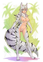 Rule 34 | 1girl, absurdres, animal ears, blue eyes, breasts, cat ears, cat girl, cat tail, colored pubic hair, completely nude, female pubic hair, highres, kitsuneka-san, large breasts, long hair, nipples, nude, pubic hair, solo, tail, tora (aking40k), white fur, white hair, white pubic hair
