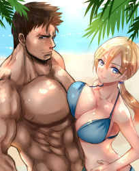 Rule 34 | 1boy, 1girl, abs, asymmetrical docking, beach, bikini, blonde hair, blue eyes, blush, breast press, breasts, brown hair, chris redfield, cleavage, day, facial hair, jill valentine, large breasts, leaf, looking at viewer, muscular, nagare, ocean, palm tree, pectorals, ponytail, resident evil, resident evil 5, shade, topless male, smile, stubble, swimsuit, tan, tree, unaligned breasts, upper body