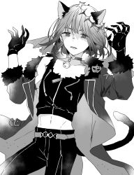 Rule 34 | 1boy, alternate costume, animal ears, cat boy, cat ears, cat tail, claw pose, crown, empty eyes, eri 05b, fate/grand order, fate (series), feet out of frame, greyscale, halloween costume, highres, kemonomimi mode, looking at viewer, male focus, midriff, monochrome, oberon (fate), short hair, skinny, solo, tail