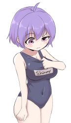 Rule 34 | 1girl, ahoge, alternate costume, blush, breasts, collarbone, covered navel, cowboy shot, embarrassed, large breasts, looking down, name tag, no headwear, one-piece swimsuit, purple eyes, purple hair, school swimsuit, short hair, sifserf, simple background, solo, sukuna shinmyoumaru, swimsuit, touhou, uneven eyes, white background