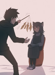 Rule 34 | 1boy, 1girl, animal ear fluff, animal ears, black hoodie, black pantyhose, cat ears, cat girl, cat tail, cat teaser, closed eyes, closed mouth, commentary, dress, english commentary, full body, hood, hood down, hoodie, old, old woman, original, pantyhose, short hair, sitting, tail, wrinkled skin, yin midnight