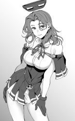 Rule 34 | 1girl, bare shoulders, belt, breasts, gloves, greyscale, halo, highres, kantai collection, light smile, long hair, looking at viewer, mechanical halo, mole, mole under eye, monochrome, shingyou (alexander-13), solo, tatsuta (kancolle), thighs