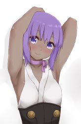 Rule 34 | 1girl, armpits, arms up, bare arms, bare shoulders, blush, breasts, closed mouth, collarbone, dark-skinned female, dark skin, fate/prototype, fate/prototype: fragments of blue and silver, fate (series), gradient background, grey background, hair between eyes, hassan of serenity (fate), head tilt, highres, i.u.y, japanese clothes, kimono, looking at viewer, purple eyes, purple hair, shadow, sleeveless, sleeveless kimono, small breasts, smile, solo, upper body, white background, white kimono