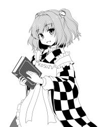Rule 34 | 1girl, :d, apron, bell, blush, book, character name, checkered clothes, checkered kimono, greyscale, hair bell, hair intakes, hair ornament, halftone texture, isaki (gomi), japanese clothes, kimono, long sleeves, looking at viewer, monochrome, motoori kosuzu, open mouth, short hair, smile, solo, touhou, two side up