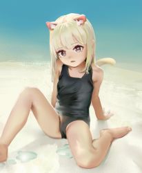 Rule 34 | 1girl, absurdres, animal ears, arms behind back, bare shoulders, beach, black one-piece swimsuit, blonde hair, borrowed character, bow, brown eyes, cameltoe, cat ears, cat girl, cat tail, female focus, flat chest, foot out of frame, full body, hair ornament, highres, knee up, looking at viewer, on ground, one-piece swimsuit, original, parfait (hawawa), parted lips, partially visible vulva, pink bow, sand, sitting, solo, sweetonedollar, swimsuit, tagme, tail, thick eyelashes