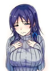 Rule 34 | 10s, 1girl, blue eyes, blue hair, blush, breasts, hands on own chest, hiradaira chisaki, large breasts, long hair, looking at viewer, lowres, matching hair/eyes, nagi no asukara, aged up, ribbed sweater, side ponytail, solo, sweater, touryou, turtleneck
