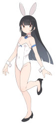 Rule 34 | 1girl, animal ears, arm ribbon, black footwear, black hair, blue ribbon, blunt bangs, breasts, brown eyes, covered navel, detached collar, dot mouth, fake animal ears, full body, highres, leotard, long hair, looking at viewer, original, playboy bunny, rabbit ears, ribbon, saiste, shoes, simple background, small breasts, solo, standing, standing on one leg, white background, white leotard, wrist cuffs