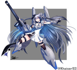 Rule 34 | 1girl, absurdres, black gloves, blue eyes, cosplay, gloves, grey hair, gun, gundam, gundam sentinel, highres, holding, holding gun, holding weapon, hololive, hololive indonesia, khaizer, long hair, mecha musume, name connection, open hand, parted lips, smile, solo, thigh strap, thighhighs, very long hair, vestia zeta, virtual youtuber, weapon, zeta plus, zeta plus (cosplay)