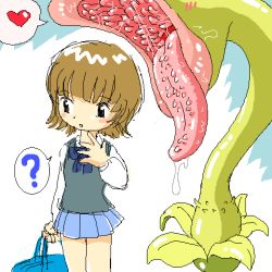 Rule 34 | 1girl, ?, blush, carnivorous plant, clueless, heart, huge tongue, imminent vore, lowres, monster, plant, pukao, saliva, school uniform, simple background, spoken heart, standing, tongue, vore, white background