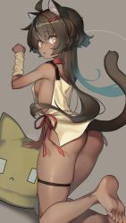 Rule 34 | 1girl, animal ear fluff, animal ears, bare legs, barefoot, black hair, bottomless, breasts, cat ears, cat girl, cat-shaped pillow, cat tail, collar, dark-skinned female, dark skin, highres, kneeling, long hair, looking at viewer, mitake eil, no panties, original, small breasts, tail, thigh strap, thighs, yellow eyes
