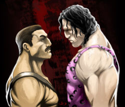 Rule 34 | 2boys, black hair, brown hair, eyebrows, faceoff, facial hair, final fight, height difference, hugo andore, jeff diolata, looking at another, manly, mike haggar, multiple boys, muscular, mustache, realistic, signature, street fighter, tank top