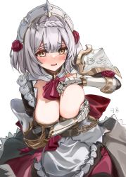 Rule 34 | 1girl, alternate breast size, apron, armor, armored dress, ascot, blunt bangs, blush, braid, braided bangs, breast hold, breasts, chinese commentary, cleavage, dress, flower, gauntlets, genshin impact, green eyes, grey hair, hair between eyes, highres, large breasts, looking at viewer, maid, maid apron, maid headdress, medium hair, noelle (genshin impact), open mouth, plagiarism, red ascot, red flower, red rose, rose, short hair, shoulder armor, solo, waist apron, wen han, white apron