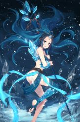 Rule 34 | 1girl, alternate costume, alternate hair color, ass, barefoot, blue eyes, blue hair, blush, frost queen janna, highres, ice, janna (league of legends), kyurin (sunnydelight), league of legends, long hair, looking at viewer, matching hair/eyes, no panties, open mouth, riot games, smile, snowing, solo, staff, toeless legwear, toes