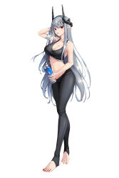 Rule 34 | 1girl, arknights, bare shoulders, black pants, bowlp, commentary request, crop top, full body, grey hair, highres, horns, leggings, long hair, midriff, mudrock (arknights), navel, pants, red eyes, sarashi, solo, sports bra, standing, stomach, thighs, very long hair