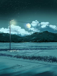 Rule 34 | anchoku 0621, cloud, commentary request, full moon, highres, lamppost, moon, mountain, mountainous horizon, night, night sky, no humans, original, outdoors, power lines, rice paddy, scenery, sky, star (sky), starry sky