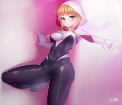 Rule 34 | 1girl, \n/, animification, artist name, blonde hair, blue eyes, blush, bodysuit, breasts, chestnut mouth, covered navel, doyouwantto, gwen stacy, hood, hooded bodysuit, looking at viewer, marvel, medium breasts, parted lips, short hair, skin tight, solo, spider-girl, spider-gwen, spider-man (series), spider web print, superhero costume, white hood