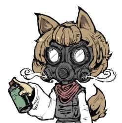 Rule 34 | 1girl, animal ears, ash blossom &amp; joyous spring, brown hair, bug spray, comic, dog ears, dog girl, dog tail, duel monster, gas mask, hand up, inawon, long sleeves, mask, short hair, simple background, solo, tail, upper body, white background, yu-gi-oh!