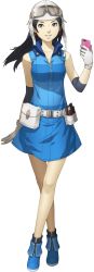 Rule 34 | 1girl, ankle boots, asahi (megami tensei), belt, belt pouch, black hair, boots, buckle, cellphone, crossed legs, doi masayuki, dress, earrings, elbow pads, full body, gloves, goggles, goggles on head, grey eyes, highres, jewelry, looking at viewer, official art, phone, pocket, pouch, shin megami tensei, shin megami tensei iv final, sleeveless, sleeveless dress, smartphone, solo, standing, transparent background, utility belt, watson cross, white background, white gloves