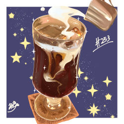 Rule 34 | absurdres, coffee, cup, drinking glass, food, food focus, highres, milk, no humans, original, pouring, star (symbol), starry background, takisou sou
