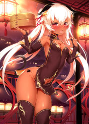 Rule 34 | 1girl, animal ears, armpits, bamboo steamer, bare shoulders, black gloves, black rock shooter, black thighhighs, blush, breasts, bridal gauntlets, claw pose, cleavage cutout, clothing cutout, cowboy shot, dark-skinned female, dark skin, detached sleeves, dress, elbow gloves, fang, fingerless gloves, fingernails, gloves, hair ribbon, lantern, long fingernails, looking at viewer, m-da s-tarou, navel, navel cutout, open mouth, original, panties, pelvic curtain, philena waal, red eyes, ribbon, sharp fingernails, short dress, side slit, small breasts, solo, strength (black rock shooter), string panties, sweat, tail, tattoo, thighhighs, two side up, underwear, white hair