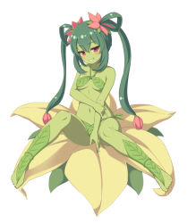 Rule 34 | 1girl, alraune, bare shoulders, blush, breasts, colored skin, flower, full body, green hair, green skin, green theme, hair flower, hair ornament, long hair, looking at viewer, monster girl, navel, open mouth, original, plant, plant girl, red eyes, sasaame, simple background, sitting, small breasts, smile, solo, twintails, vines, wearing plant, white background