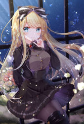 Rule 34 | 1girl, absurdres, arm behind back, black jacket, black pantyhose, black skirt, blonde hair, blue eyes, boots, bouquet, bow, breasts, brooch, button gap, buttons, closed mouth, cowboy shot, cropped jacket, emu alice, floating hair, flower, gomano rio, grey shirt, hair bow, hand up, high-waist skirt, highres, holding, holding bouquet, huge filesize, jacket, jewelry, liver city, long hair, long sleeves, looking at viewer, medium breasts, nail polish, night, open clothes, open jacket, pantyhose, pleated skirt, rose, shirt, shirt tucked in, skirt, smile, solo, thigh boots, thighhighs, very long hair, window