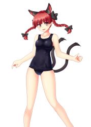 Rule 34 | 1girl, animal ears, braid, cat ears, cat girl, cat tail, extra ears, isaki (gomi), kaenbyou rin, long hair, looking at viewer, multiple tails, nekomata, one-piece swimsuit, pointy ears, red eyes, red hair, school swimsuit, smile, solo, swimsuit, tail, touhou, twin braids, two tails