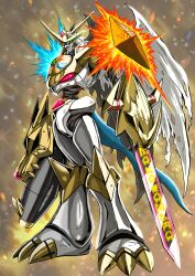 Rule 34 | absurdres, armor, cannon, claws, crests (digimon), digimon, digimon (creature), highres, imperialdramon, imperialdramon paladin mode, omegamon, original, solo, sword, tail, weapon, wings