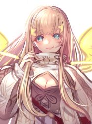 Rule 34 | 1girl, aqua eyes, bag, blonde hair, breasts, capelet, cleavage, cleavage cutout, closed mouth, clothing cutout, energy wings, flower, hair flower, hair ornament, handbag, high collar, highres, large breasts, long hair, long sleeves, looking at viewer, puffy long sleeves, puffy sleeves, rapunzel (sinoalice), ribbon, simple background, sinoalice, sketch, smile, solo, starry babe, very long hair, white background, yellow flower