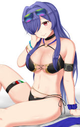 Rule 34 | 1girl, absurdres, arm support, azur lane, bare shoulders, bead bracelet, beads, belly chain, bikini, black bikini, black choker, bracelet, breasts, choker, cleavage, collarbone, commentary request, eyewear on head, groin, hair intakes, hair over one eye, hand on own cheek, hand on own face, highres, jewelry, large breasts, long hair, looking at viewer, midriff, mole, mole on thigh, multi-strapped bikini, navel, o-ring, o-ring bikini, pazuzu438, purple hair, purple scrunchie, red eyes, scrunchie, shadow, side-tie bikini bottom, sidelocks, simple background, sitting, skindentation, smile, solo, sunglasses, sweat, swimsuit, thigh strap, trento (azur lane), trento (summer&#039;s hotness?) (azur lane), very long hair, white background, wrist scrunchie, wristlet