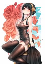 Rule 34 | black dress, black hair, breasts, dagger, dress, earrings, flower, gold earrings, gold hairband, hair flower, hair ornament, hairband, highres, holding, holding dagger, holding knife, holding weapon, jewelry, kenron toqueen, knife, large breasts, red eyes, red sweater, reverse grip, rose, short hair with long locks, solo, spy x family, sweater, two-sided dress, two-sided fabric, weapon, yor briar