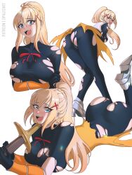 Rule 34 | 1girl, absurdres, arms under breasts, ass, bent over, blonde hair, blue eyes, blush, bodysuit, breasts, crossed arms, darkness (konosuba), from behind, highres, kono subarashii sekai ni shukufuku wo!, large breasts, long hair, looking at viewer, looking back, lying, multiple views, on stomach, opalis, open mouth, ponytail, sideboob, sidelocks, simple background, smile, sword, taut bodysuit, torn clothes, weapon