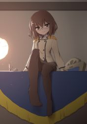Rule 34 | 1girl, alternate costume, brown eyes, brown hair, chair, collared shirt, cosplay, desk, double-breasted, epaulettes, glasses, gloves, hair ornament, hairclip, highres, ikazuchi (kancolle), jacket, kantai collection, katori (kancolle) (cosplay), katori (kancolle), lamp, long sleeves, looking at viewer, military, military uniform, miniskirt, naughty face, necktie, on desk, pantyhose, rimless eyewear, shirt, short hair, sitting, on desk, skirt, smile, smirk, solo, uniform, wamu (chartreuse)