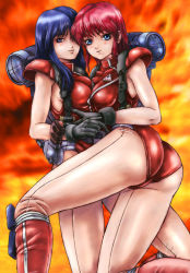 Rule 34 | 2girls, ass, bad id, bad pixiv id, black gloves, blue eyes, blue hair, boots, breasts, elise (layla), female focus, fiery background, fire, gloves, knee boots, layla (character), layla (game), leotard, long hair, minakaya, multiple girls, pantyhose, red footwear, red hair, red leotard, short hair, smile, yuri