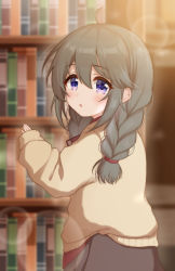 Rule 34 | absurdres, ahoge, book, bookshelf, braid, hair ornament, hair over shoulder, highres, hokutoro64, lens flare, light brown hair, long hair, long sleeves, looking at viewer, open mouth, princess connect!, purple eyes, sidelocks, sleeves past wrists, solo, sweater, twin braids, yuni (princess connect!), yuni (real) (princess connect!)