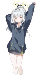 Rule 34 | 1girl, :&lt;, arm up, bare legs, blue archive, closed eyes, closed mouth, cropped legs, feet out of frame, grey hoodie, halo, hare (blue archive), hood, hood down, hoodie, long sleeves, medium hair, nekoln, simple background, solo, stretching, white background, white hair