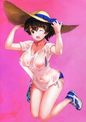 Rule 34 | 10s, 1girl, a1 (initial-g), bikini, bikini pull, blue bikini, blush, breasts, brown eyes, brown hair, clothes pull, collarbone, cosplay, fate (series), female focus, girls und panzer, hat, highres, koyama yuzu, large breasts, nipples, no socks, non-web source, one eye closed, open mouth, pink background, see-through, shoes, simple background, smile, sneakers, solo, straw hat, suggestive fluid, swimsuit, tamamo (fate), tamamo no mae (swimsuit lancer) (fate), tamamo no mae (swimsuit lancer) (fate) (cosplay), tamamo no mae (swimsuit lancer) (second ascension) (fate), wet, wet clothes