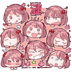 Rule 34 | 1girl, blush, closed eyes, commentary request, expressions, grin, hair bobbles, hair ornament, head only, izumiyamisono, kantai collection, looking at viewer, multiple views, nose blush, o3o, one eye closed, open mouth, pink eyes, pink hair, rabbit, sazanami (kancolle), short hair, smile, surprised, tongue, tongue out, translation request, twintails
