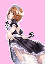 Rule 34 | 10s, 1girl, :o, akiyama yukari, bare back, black dress, brown eyes, brown hair, clothes lift, dress, dutch angle, from below, garter straps, girls und panzer, juliet sleeves, lace, lace-trimmed legwear, lace trim, long sleeves, looking at viewer, maid, maid headdress, nishizumi maho, nishizumi miho, object on head, open mouth, outline, panties, panties on head, pink background, puffy sleeves, ribbon, short hair, short sleeves, silhouette demon, simple background, skirt, skirt lift, smile, solo, thighhighs, underwear, unowen