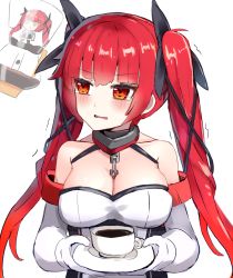 Rule 34 | 1girl, azur lane, blush, breasts, chain, cleavage, coffee, coffee maker, collarbone, cup, dress, elbow gloves, gloves, hair ribbon, honolulu (azur lane), large breasts, long hair, nonon (xenonbot), red eyes, red hair, ribbon, smile, twintails, white gloves