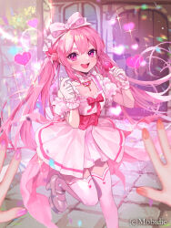 Rule 34 | 1girl, arm garter, bow, breasts, character request, cleavage, collarbone, copyright notice, dress, gloves, grey footwear, hair bow, hair ornament, heart, heart-shaped gem, heart hair ornament, high heels, holding, holding microphone, long hair, microphone, natsuiro xx, official art, open mouth, pink corset, pink eyes, pink gemstone, pink hair, pink nails, small breasts, sparkle, teikoku senki, thighhighs, two-tone dress, white bow, white dress, white gloves, white thighhighs