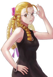 Rule 34 | 1girl, antenna hair, bespectacled, black dress, blonde hair, bow, breasts, brown eyes, commentary request, dress, drill hair, forehead, glasses, hair bow, hair pulled back, hand on own hip, hand up, highres, ishiyuki, jewelry, kanzuki karin, long hair, looking at viewer, necklace, pink bow, ringlets, simple background, sleeveless, solo, street fighter, upper body, white background