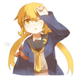 Rule 34 | 1girl, arm up, artist name, belt, black sailor collar, blonde hair, blush, hair between eyes, ina (1813576), jacket, kantai collection, long hair, long sleeves, low twintails, neckerchief, one eye closed, open mouth, sailor collar, satsuki (kancolle), satsuki kai ni (kancolle), school uniform, serafuku, simple background, solo, twintails, upper body, white background, yellow eyes, yellow neckerchief