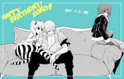 Rule 34 | 1boy, 1gou, 2girls, bandages, boots, couch, glasses, gloves, happy birthday, jealous, long hair, monochrome, multiple girls, one piece, pantyhose, perona, roronoa zoro, scar, short hair, striped clothes, striped legwear, striped pantyhose, sweatdrop, tashigi, twintails