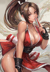 Rule 34 | 1girl, breasts, brown eyes, brown hair, cleavage, fatal fury, female focus, folded fan, folding fan, hand fan, hand on own knee, high ponytail, highres, holding, holding fan, large breasts, long hair, looking at viewer, matching hair/eyes, miche, no panties, pelvic curtain, ponytail, revealing clothes, shiranui mai, smile, solo