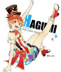 Rule 34 | 1girl, :d, back bow, bad id, bad pixiv id, bang dream!, black hat, boots, bow, bowtie, breasts, brown eyes, character name, cleavage, group name, hair between eyes, hat, hat bow, headwear writing, high heel boots, high heels, kitazawa hagumi, leg up, looking at viewer, open mouth, orange hair, polka dot neckwear, pom pom (clothes), print headwear, raised fist, red bow, red bowtie, see-through, shino yuki, short hair, shorts, shorts under skirt, sitting, small breasts, smile, smiley face, solo, teeth, top hat, twitter username, upper teeth only, white background