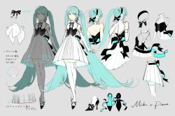 Rule 34 | 1girl, aqua eyes, aqua hair, back bow, backless dress, backless outfit, bare back, black bow, black footwear, bow, bow hairband, bowtie, character name, character sheet, closed mouth, colored shoe interior, crossed ankles, dress, elbow gloves, english text, footwear bow, formal, gloves, glowing, glowing clothes, grey background, hair between eyes, hairband, hand on own chest, hatsune miku, high-low skirt, high collar, high heels, light smile, long hair, looking to the side, miku symphony (vocaloid), multiple views, official alternate costume, official art, rella, shoes, unworn shoes, sidelocks, simple background, sleeveless, standing, thighhighs, turnaround, twintails, two-sided bow, two-sided ribbon, very long hair, vocaloid, white dress, white gloves, white thighhighs, zettai ryouiki