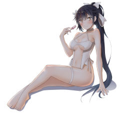 Rule 34 | 1girl, arm support, azur lane, barefoot, black hair, blush, bow, breasts, cleavage, eating, feet, food, hair bow, ice cream, leaning back, legs together, long hair, looking at viewer, miamuly, navel, one-piece swimsuit, ponytail, sitting, smile, swimsuit, takao (azur lane), takao (beach rhapsody) (azur lane), thigh strap, white background, white one-piece swimsuit