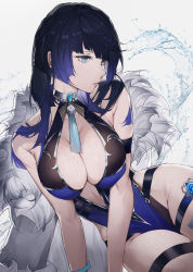 Rule 34 | 1girl, arm support, bad id, bad pixiv id, blue eyes, blue hair, breasts, breasts squeezed together, brooch, center opening, cleavage, dark blue hair, dice, genshin impact, halterneck, highleg, highleg leotard, highres, jewelry, large breasts, leotard, long hair, looking away, lying, on side, qiandaiyiyu, solo, thighs, yelan (genshin impact)